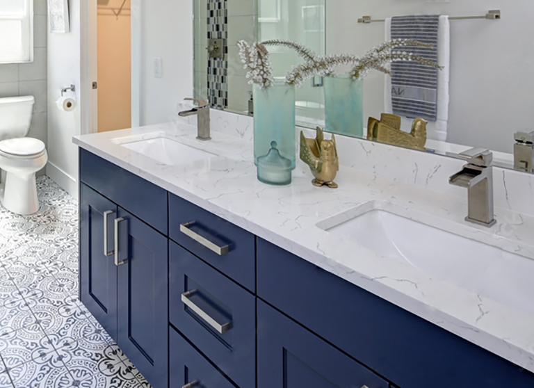 Bathroom Design, blue cabinets, quartz counter tops