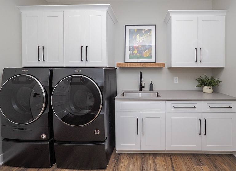 Laundry Room Design, white cabinets, quartz counter tops
