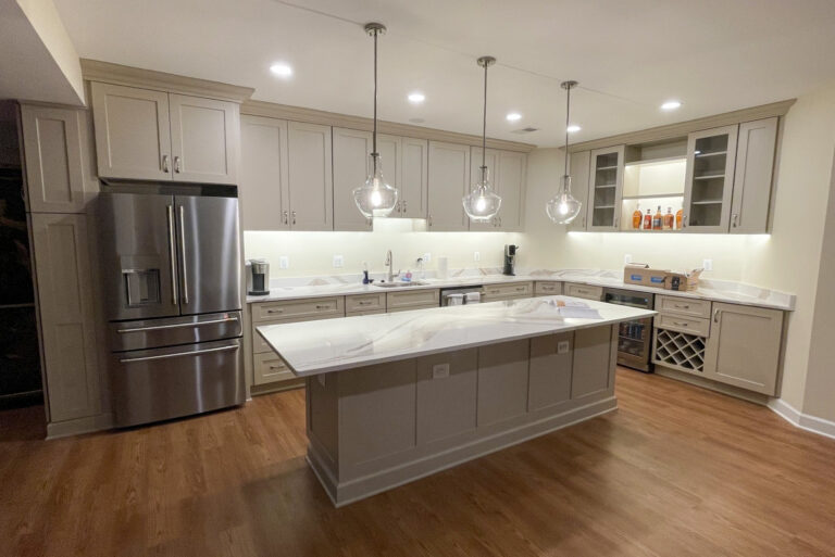 Basement kitchen remodel in McLean VA with custom cabinetry and large island